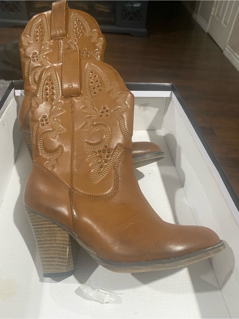 MIA Cognac Brown Western Embroidered Heeled Ankle Boots